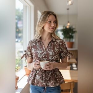 Sweet Rain Floral Mauve Beige Tie Top Size XL